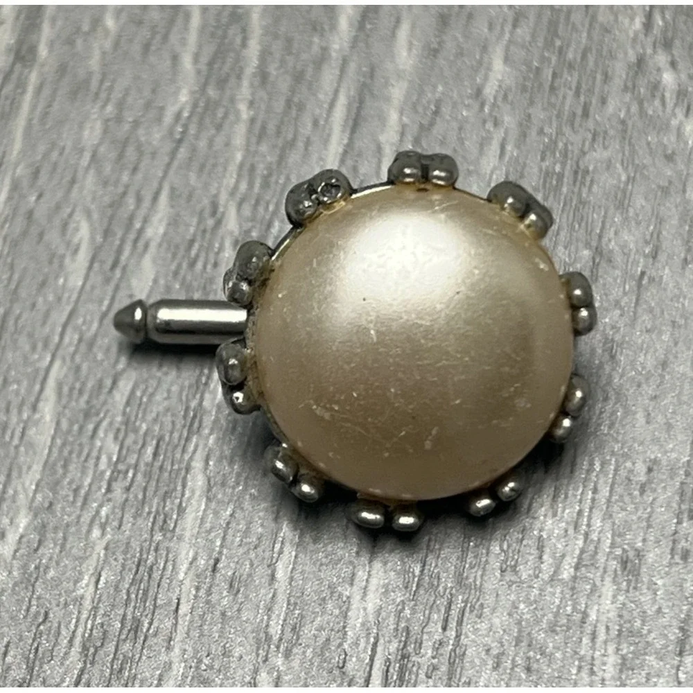 Vintage Style Faux Pearl Cufflinks Men's Silver Tone Round Dress Shirt